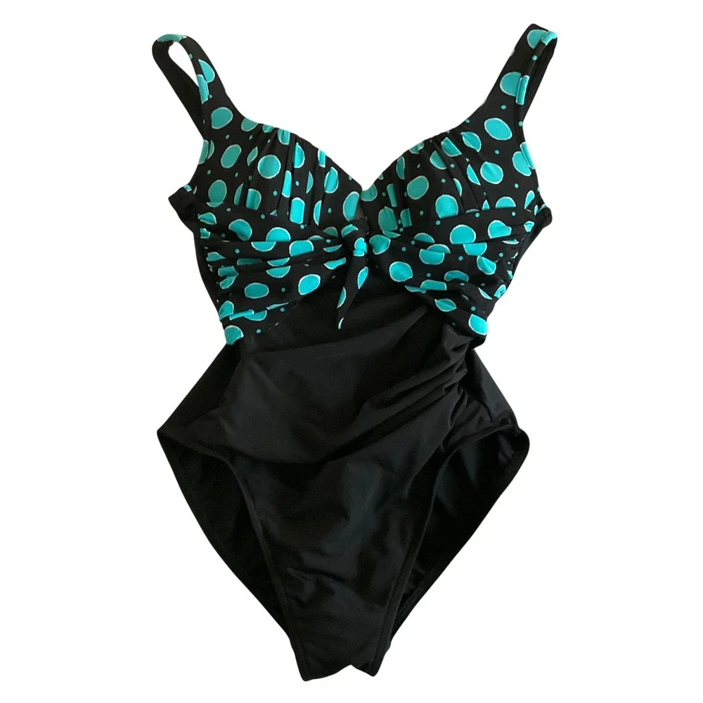 Miraclesuit One Piece Swimsuit Women 12 Black Teal Polka Dot Tummy Control